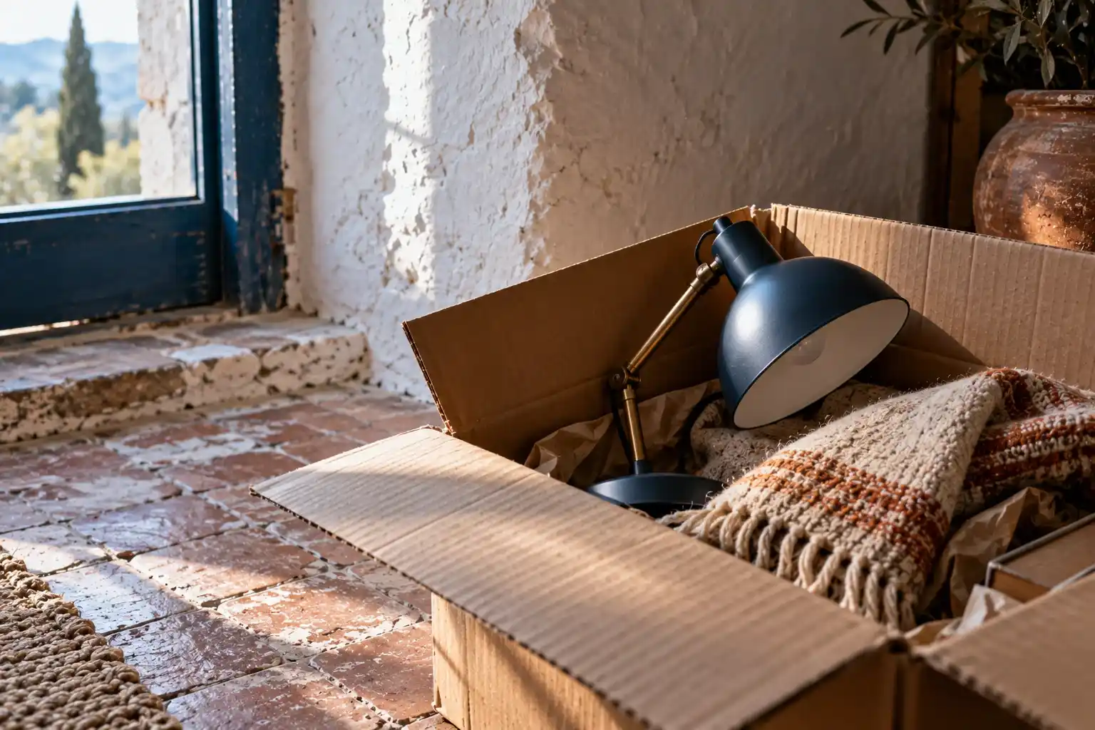 Irse a vivir a un pueblo sin saber todavía quién serás allí 4 Caja de cartón abierta con una lámpara de escritorio sobre un suelo de baldosa de barro