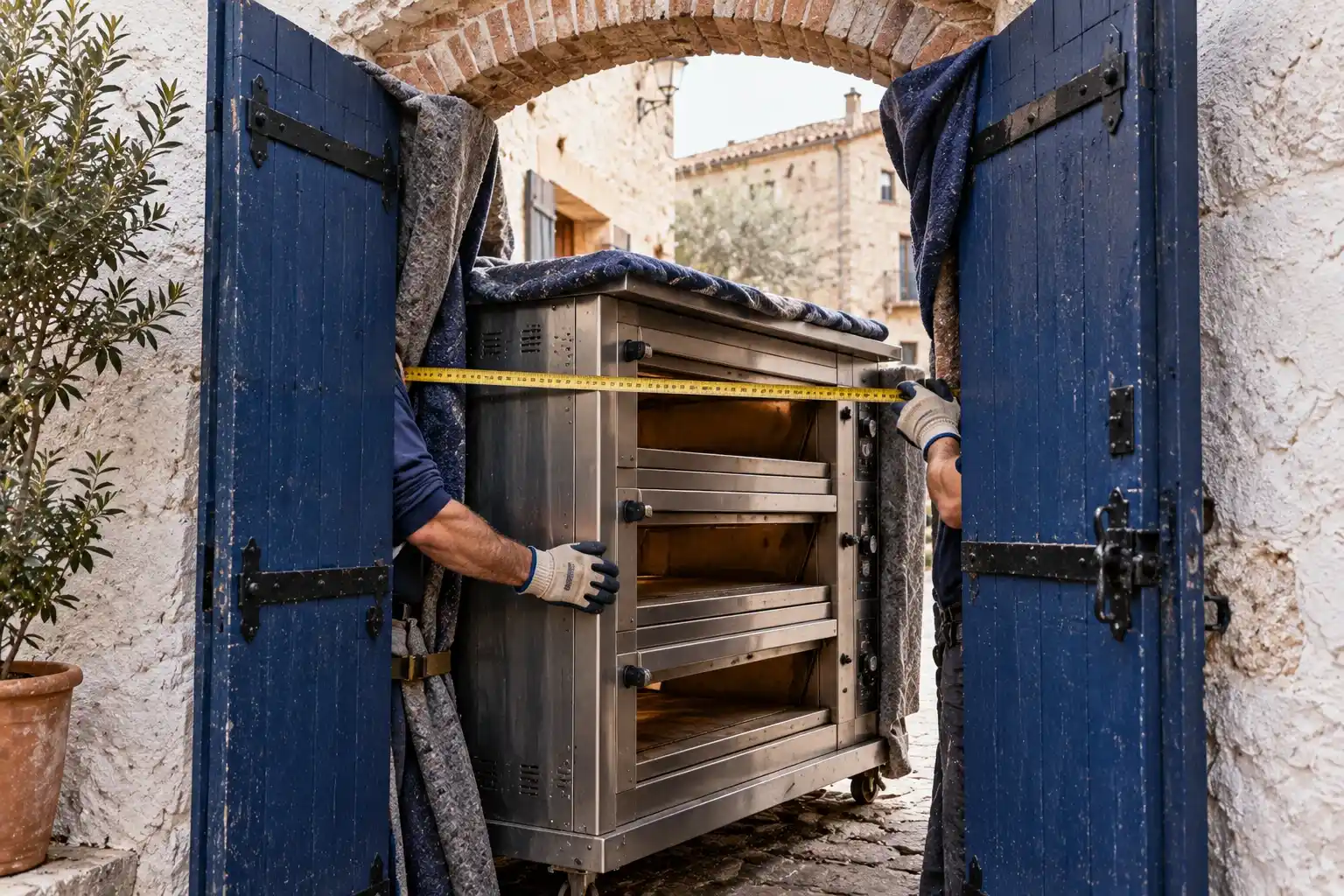 Emprender en un pueblo de Segovia sin convertirlo en decorado 4 Dos operarios guían un horno de acero por un portón de madera con arco de ladrillo