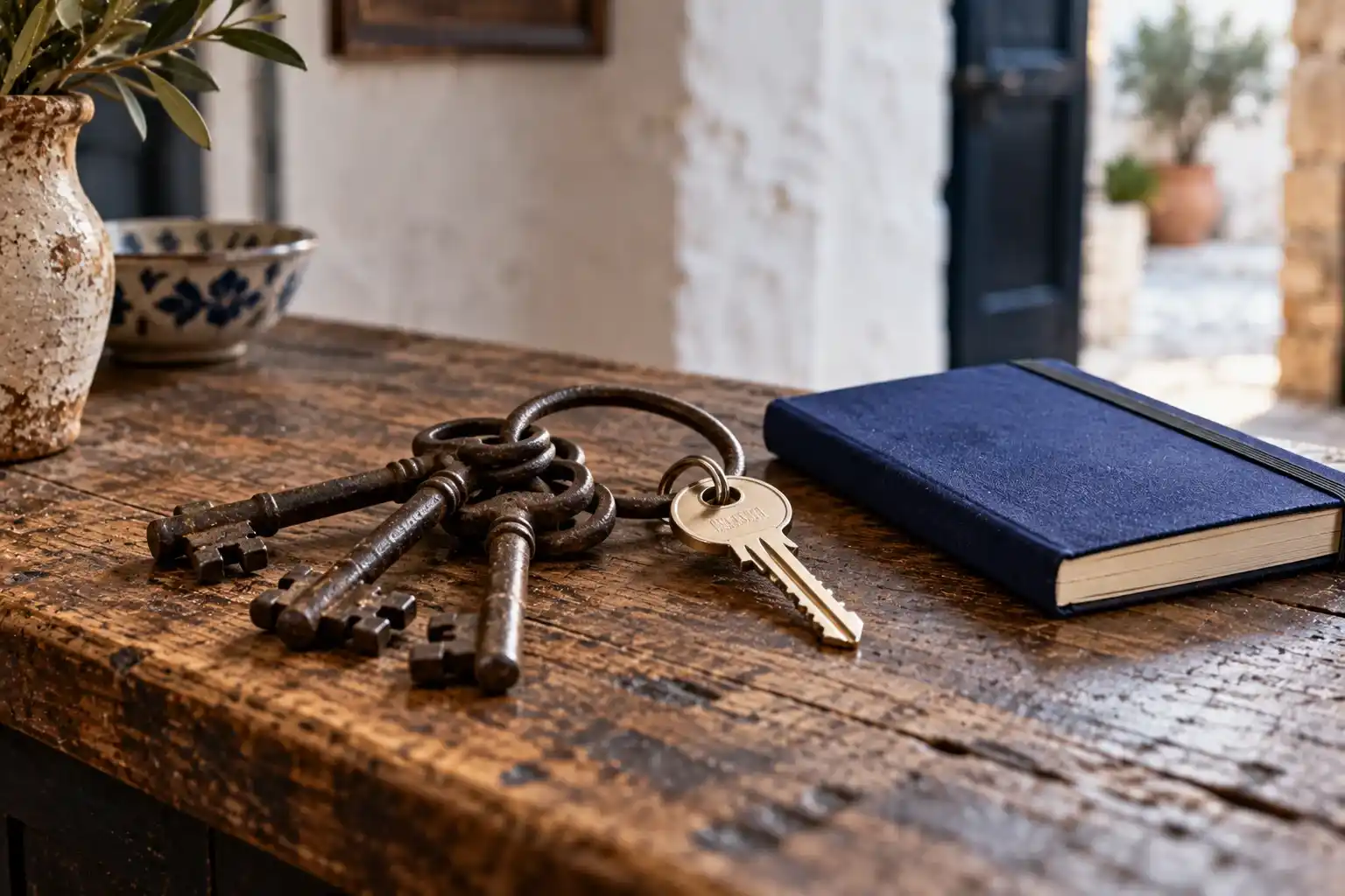 Emprender en un pueblo de Segovia sin convertirlo en decorado 3 Llavero antiguo junto a una llave nueva y una libreta sobre un mostrador de madera gastada