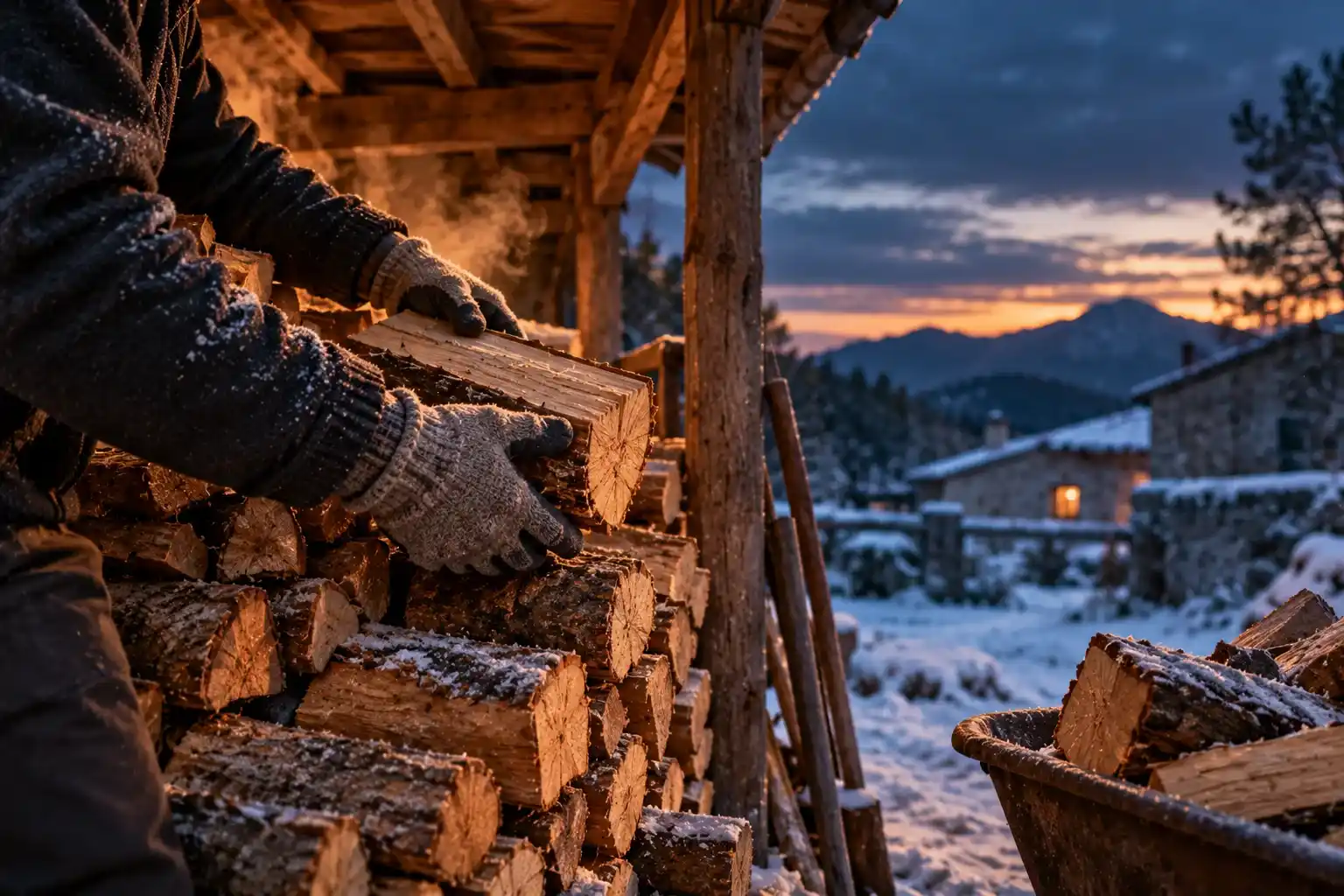 Irse a vivir a un pueblo sin saber todavía quién serás allí 3 Manos con guantes de lana apilando leña bajo una tenada con nieve al atardecer
