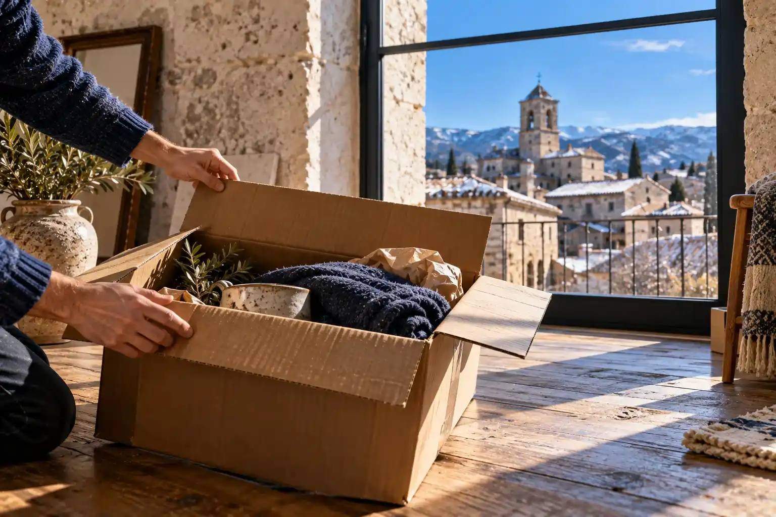 Manos abriendo una caja de cartón junto a una ventana con vistas a tejados de piedra